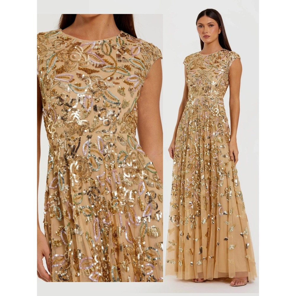 Mac Duggal Gold Sequin High Neck Cap Sleeve A Line Gown $698 - Size 14